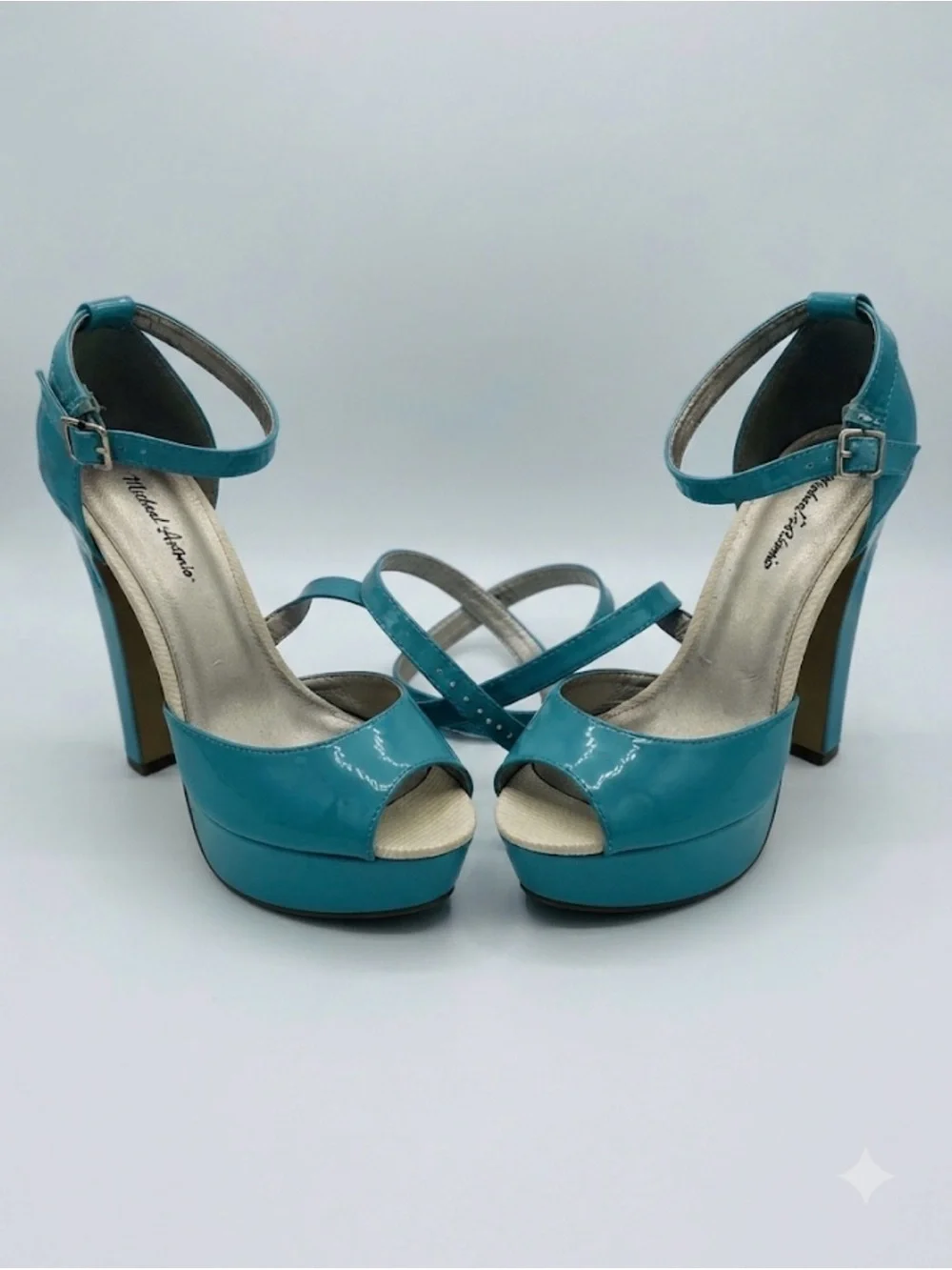 Anne Michelle Teal Patent Platform Peep-Toe Ankle Strap Heels
